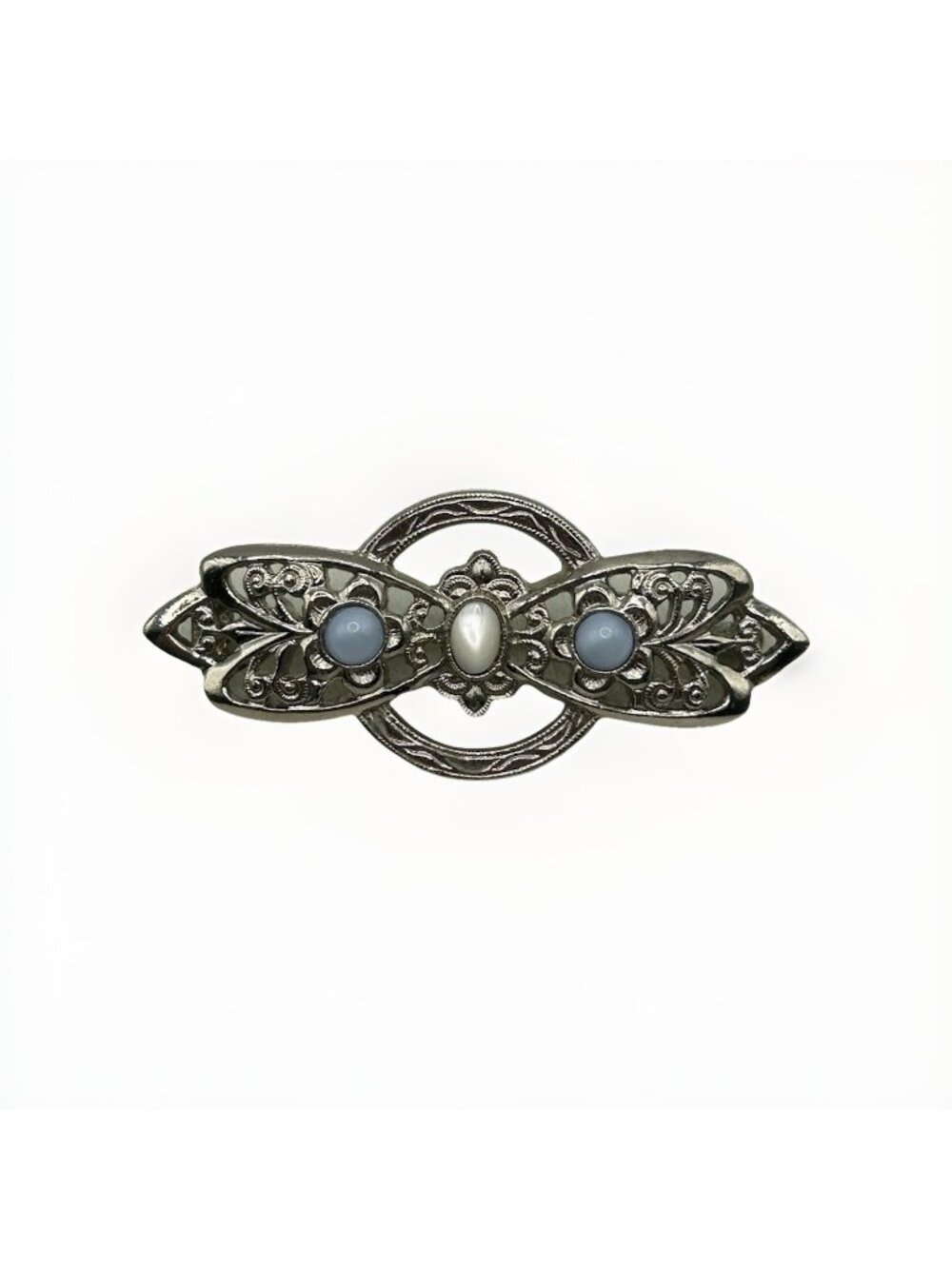 Vintage Edwardian Style Brooch Pin Silver Tone Faux Stones Blue White Bar Pin
